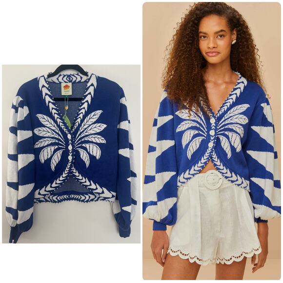 Farm Rio Blue Palms Graphic Knit Cardigan - Picture 1 of 6